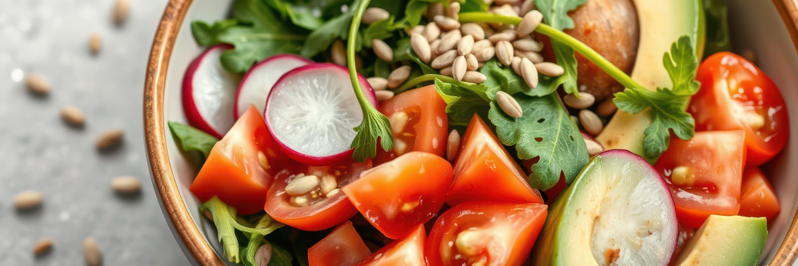 Fresh vegetable salad with radishes, tomatoes, and avocado in a wooden bowl on a gray surface